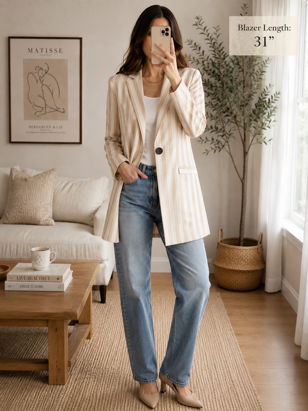 Criselle x J.O.A. Cream & Tan Striped Single-Button Blazer XS